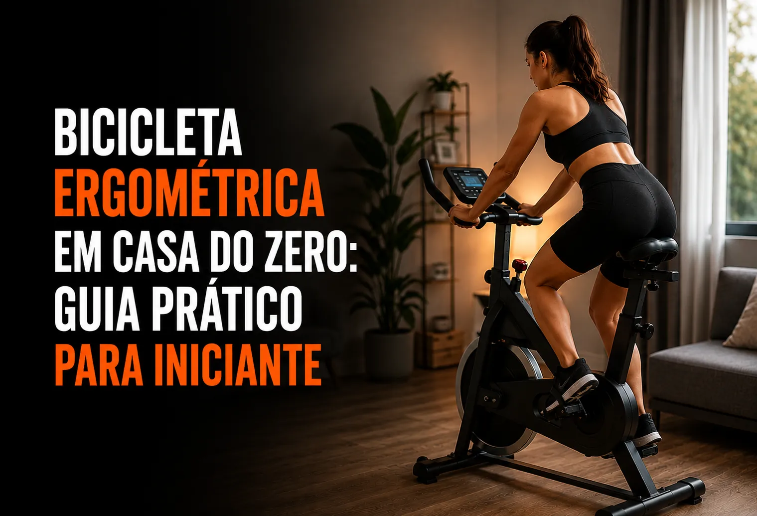 Pessoa ajustando a altura do banco de uma bicicleta ergométrica na sala de casa antes de pedalar