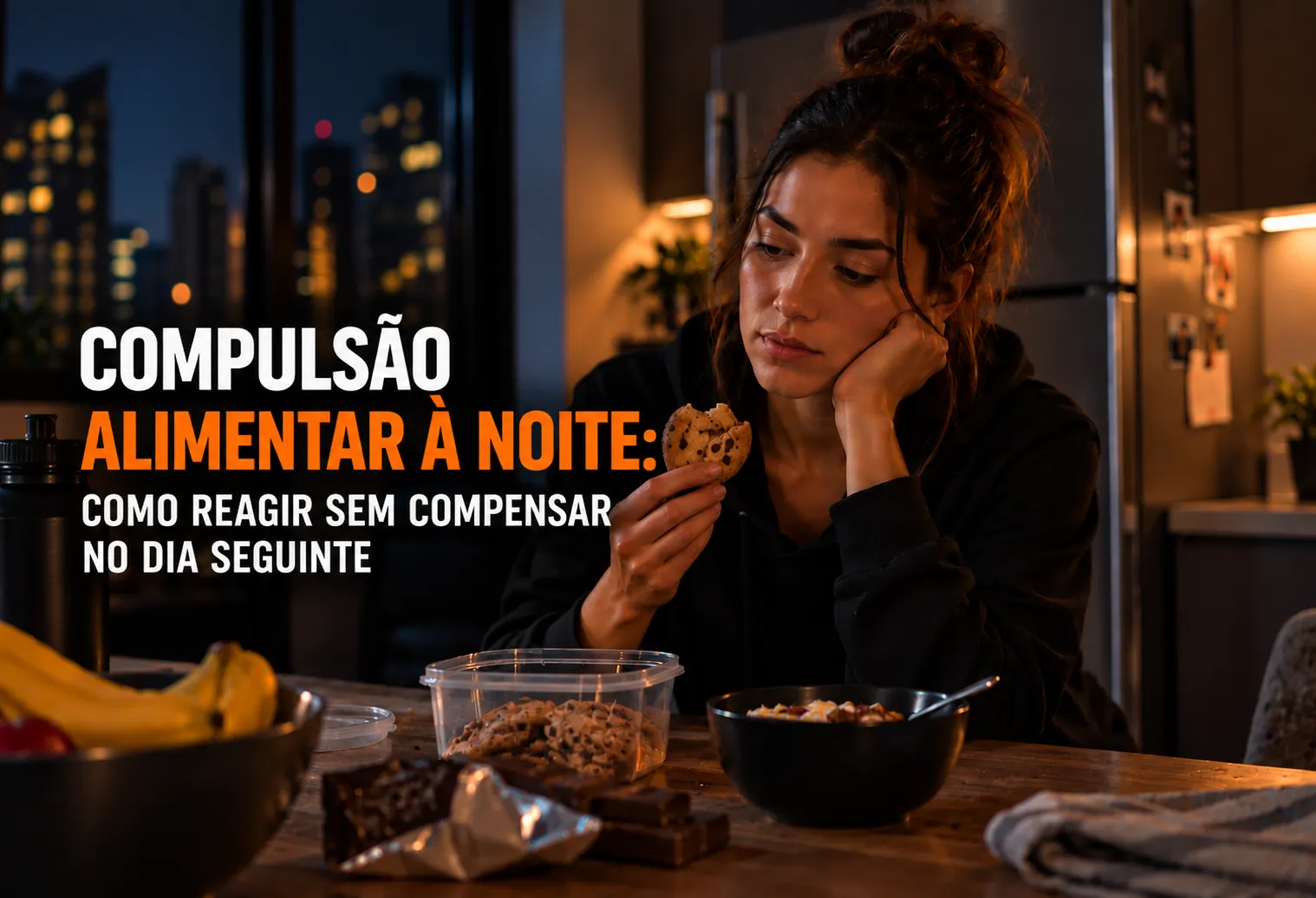 Mulher sentada calmamente à mesa com um prato de comida à noite