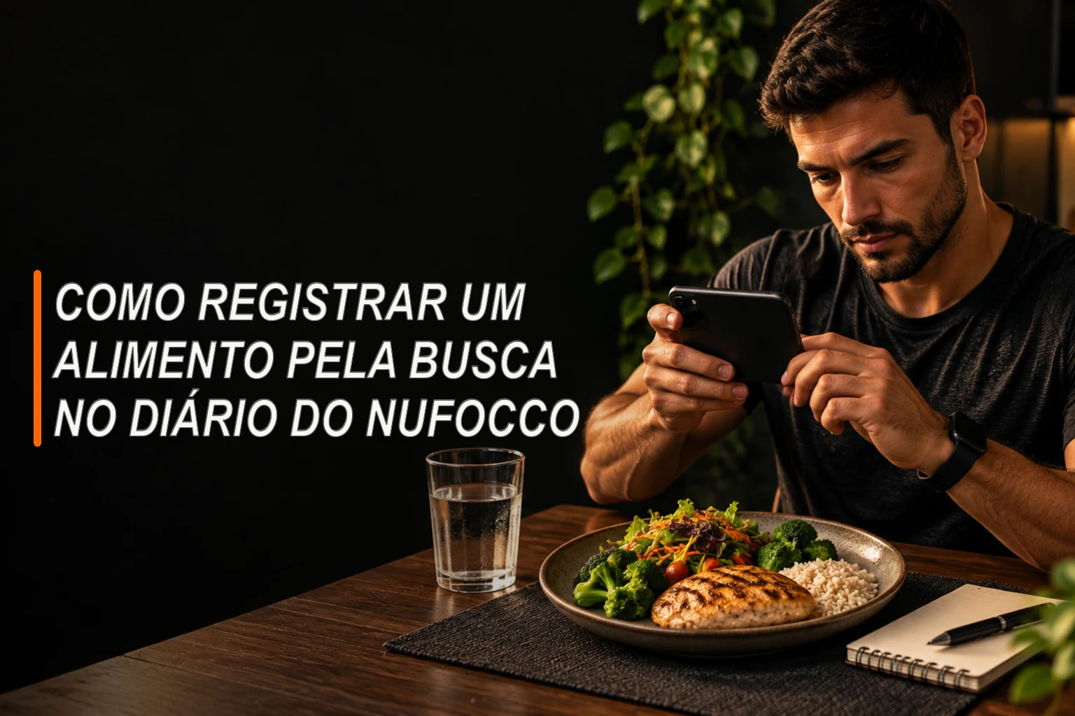 Homem usando o celular diante de uma refeição para registrar os alimentos no diário