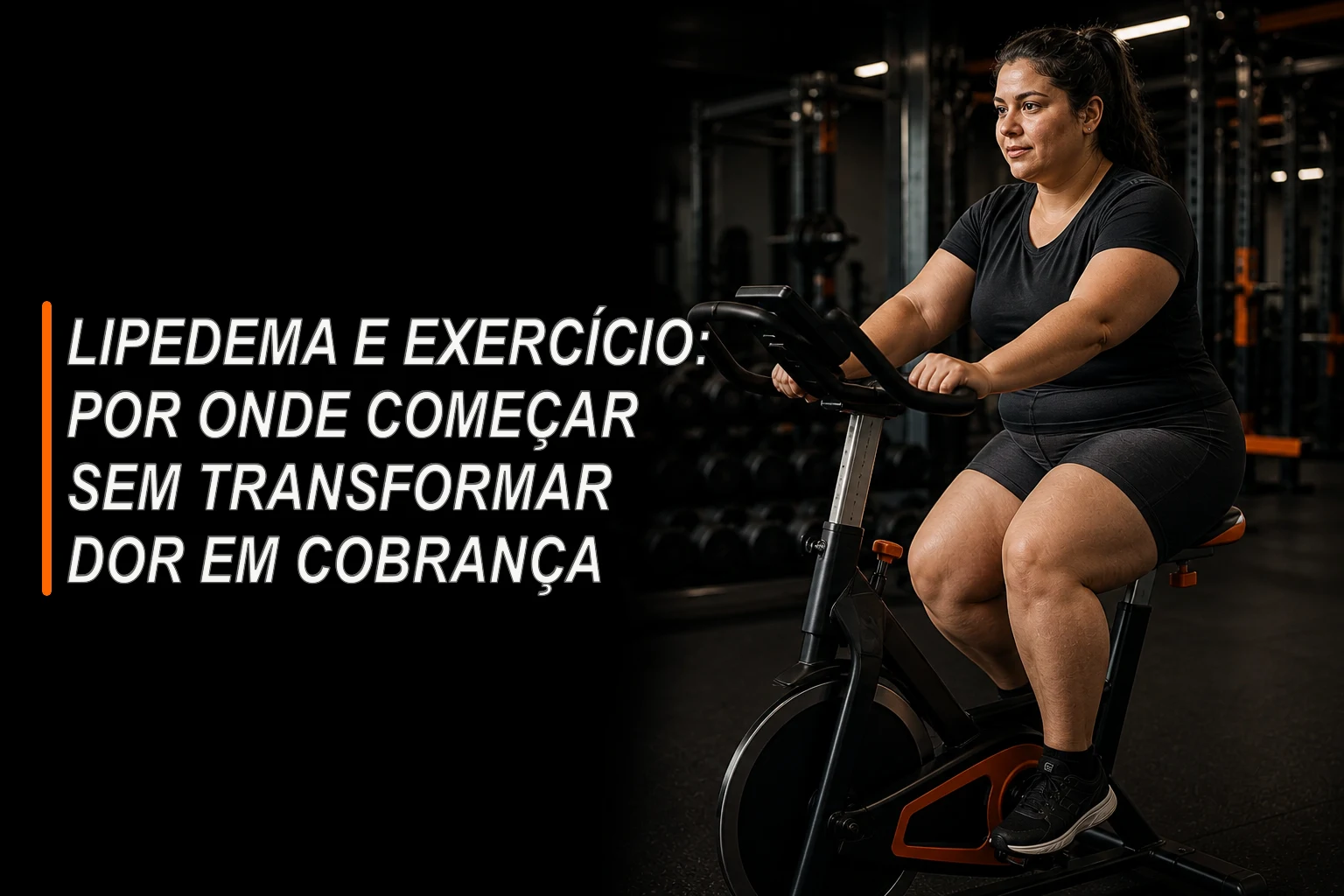 Mulher com lipedema faz exercício leve em bicicleta ergométrica