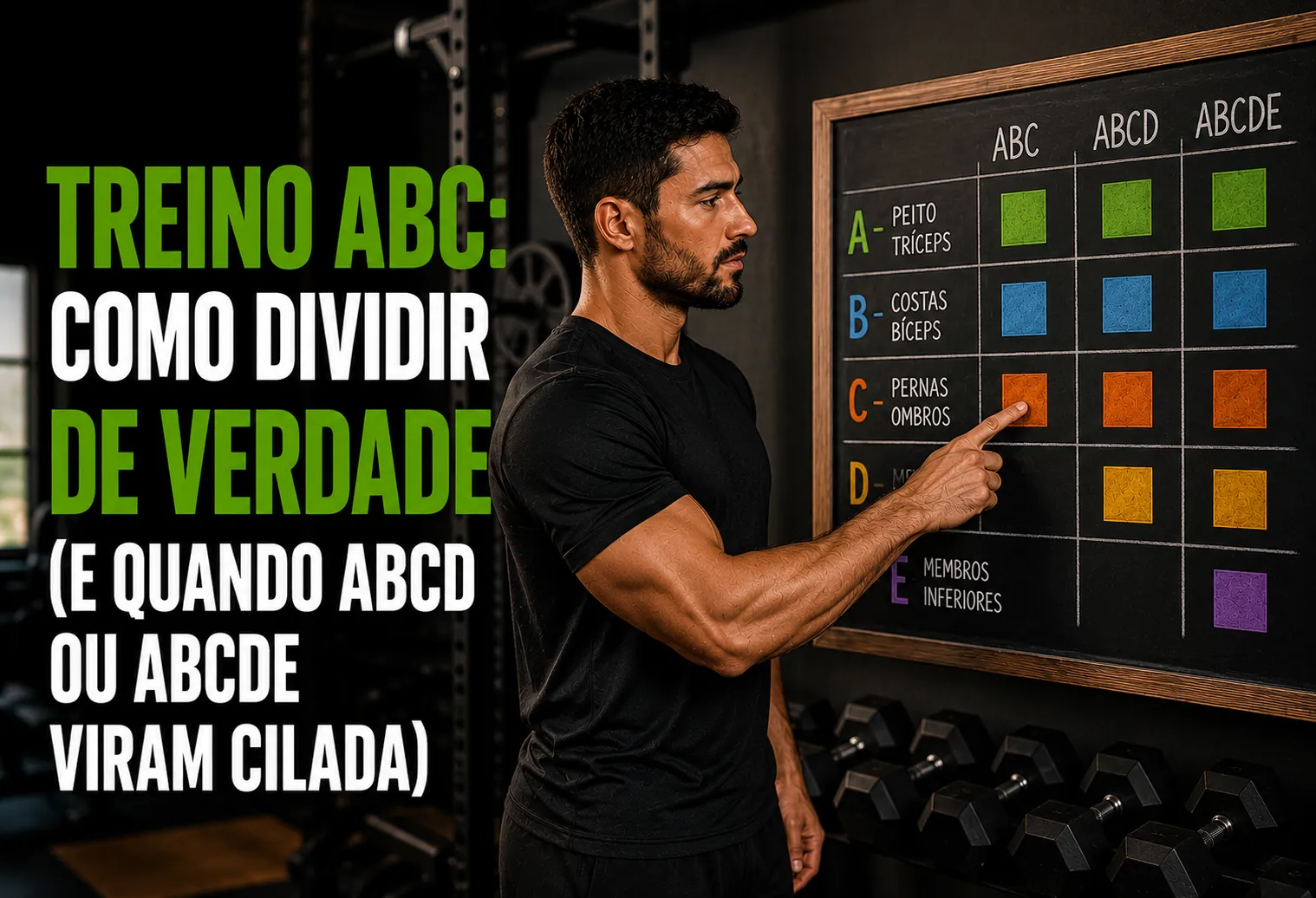 Quadro de academia com os treinos A, B e C escritos e marcados nos dias da semana
