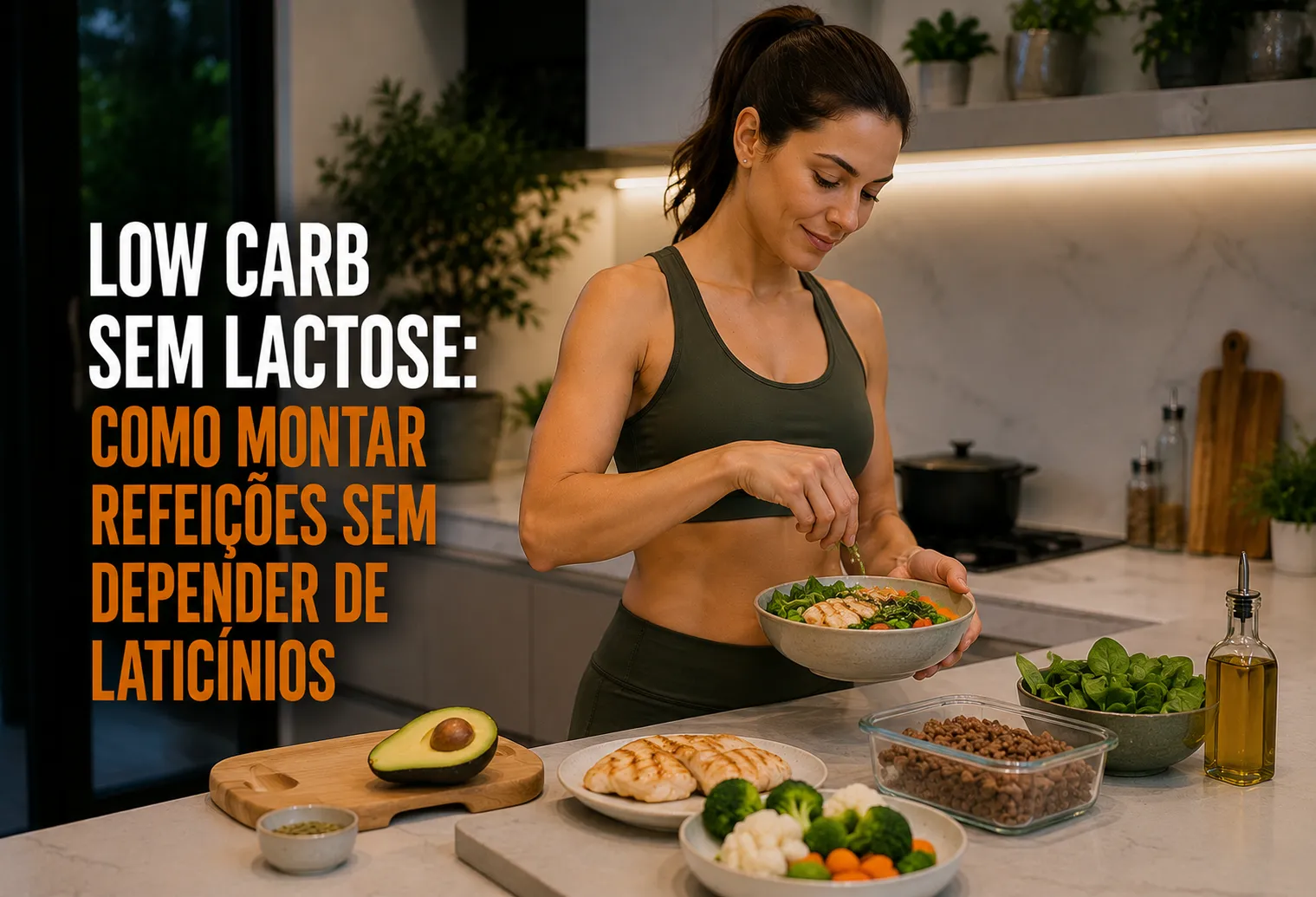 Refeição low carb sem lactose com ovos, tofu, verduras e abacate