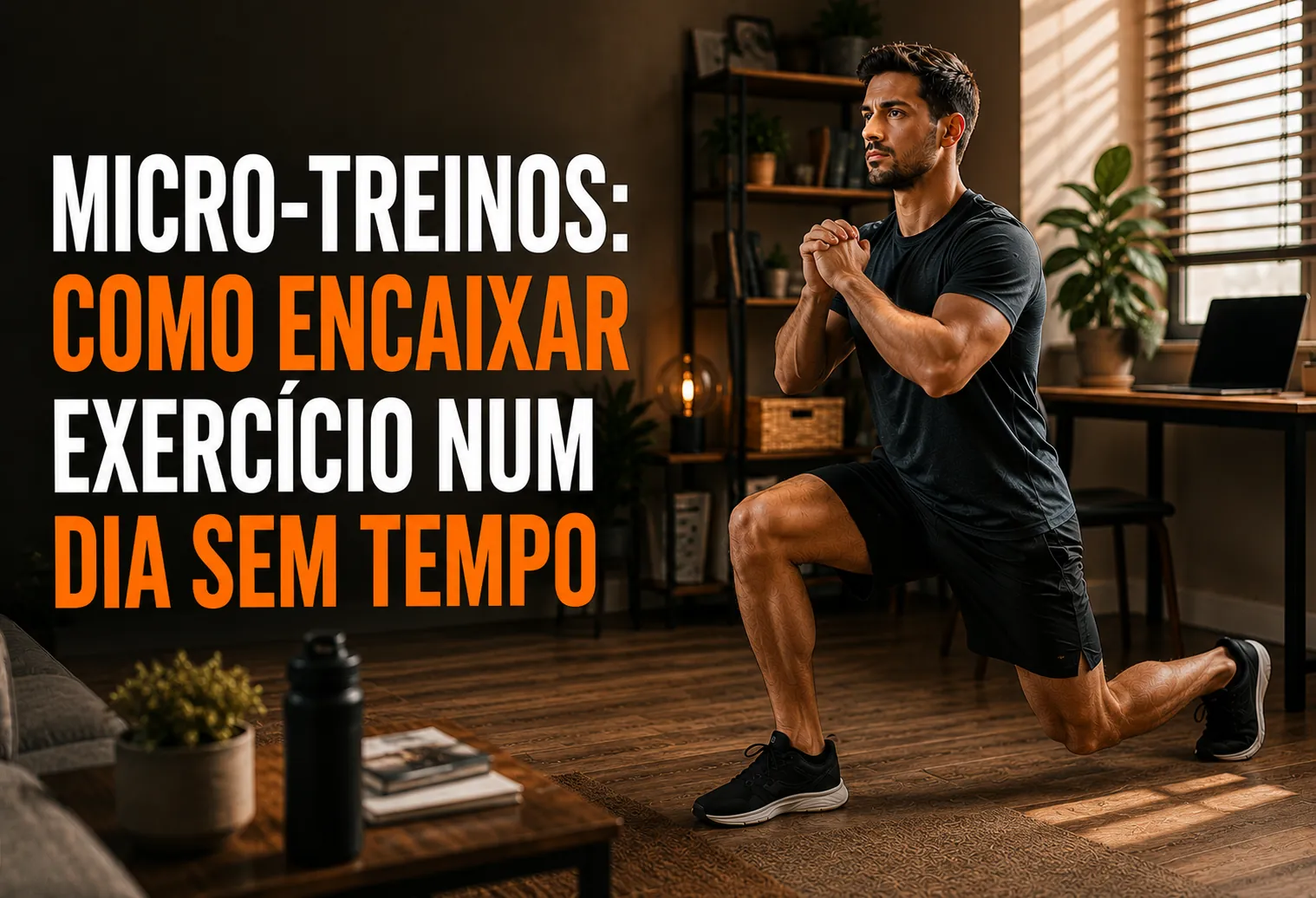 Pessoa de roupa casual fazendo agachamento no corredor de casa durante uma pausa do trabalho