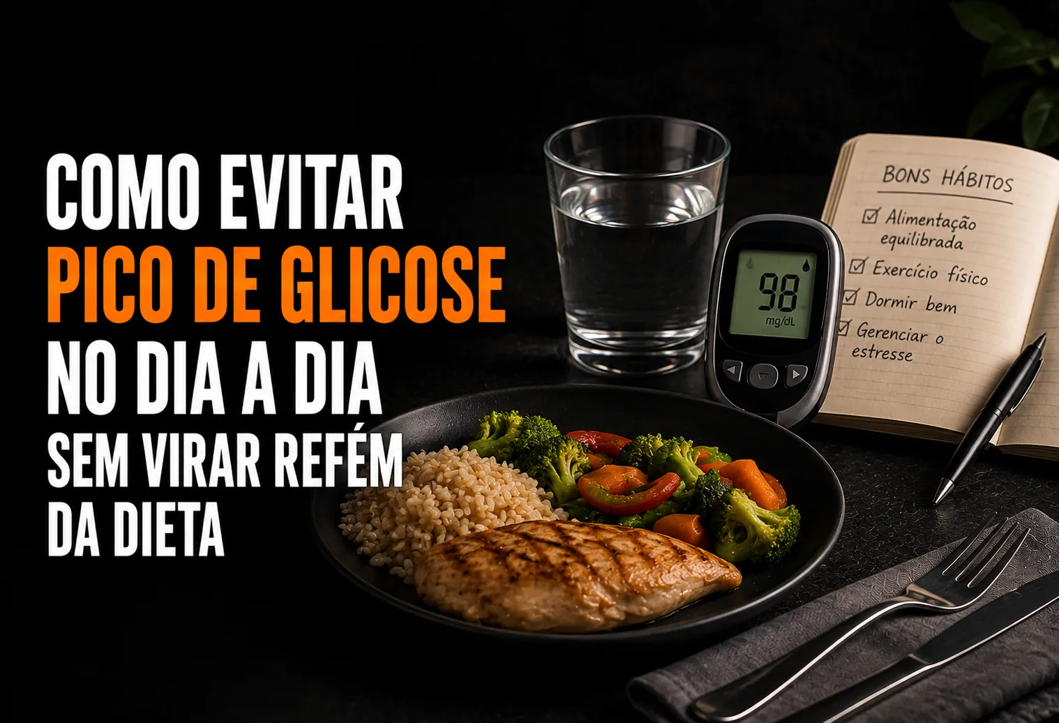 Prato brasileiro de arroz, feijão e salada de folhas verdes com filé de frango, exemplo de refeição que suaviza o pico de glicose