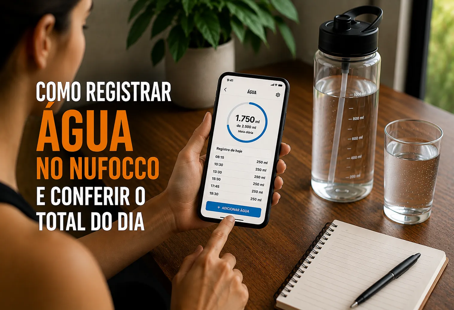 Mulher olhando o celular à mesa, com um copo de água e uma garrafa sem marca à sua frente
