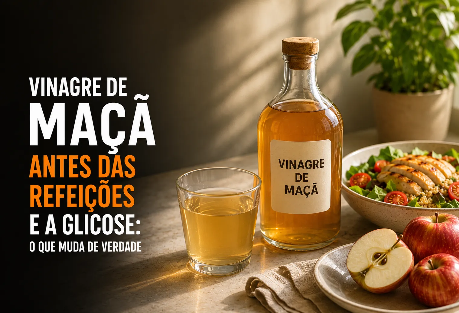 Colher de vinagre de maçã sendo diluída em um copo de água ao lado de um prato de salada de folhas verdes