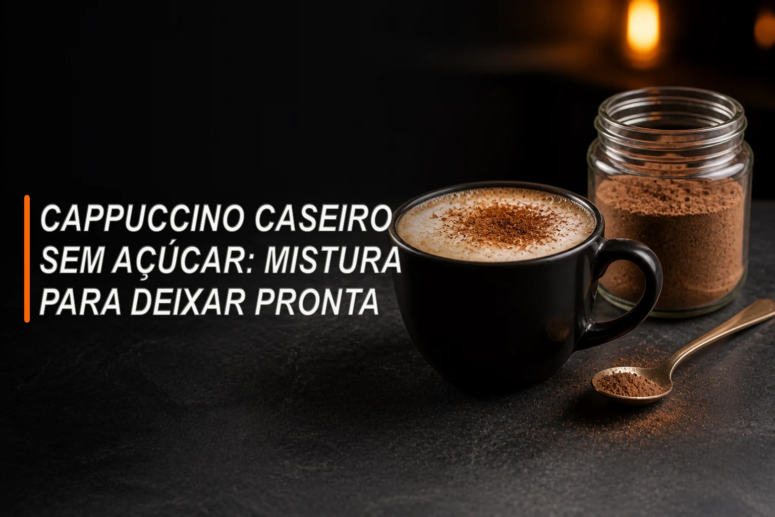 Xícara de cappuccino quente ao lado de pote com mistura caseira de café e cacau