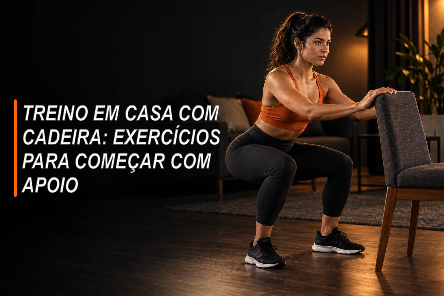 Mulher fazendo agachamento em casa com uma cadeira firme como apoio