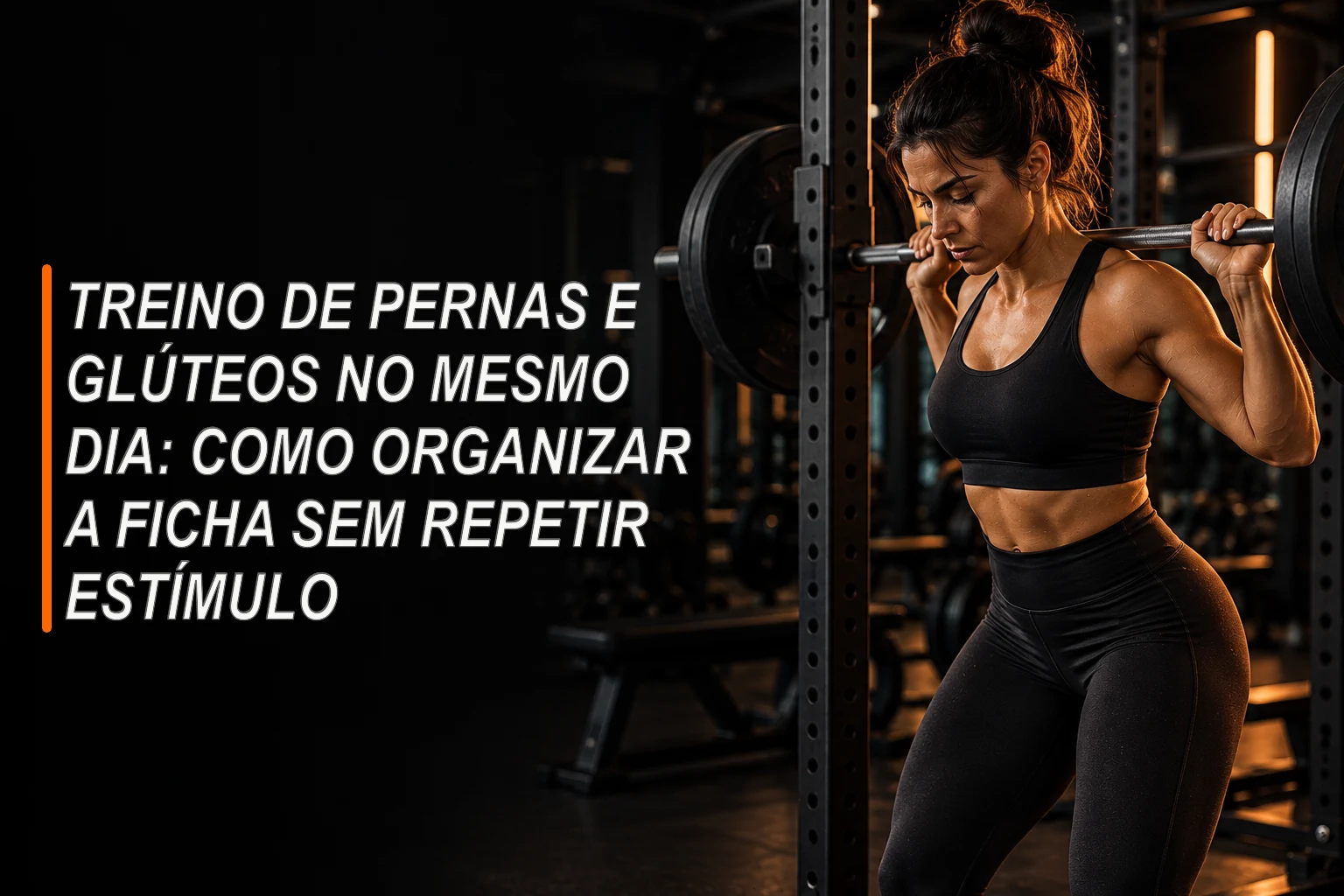 Mulher ajustando uma barra no rack antes de treinar pernas em uma academia escura