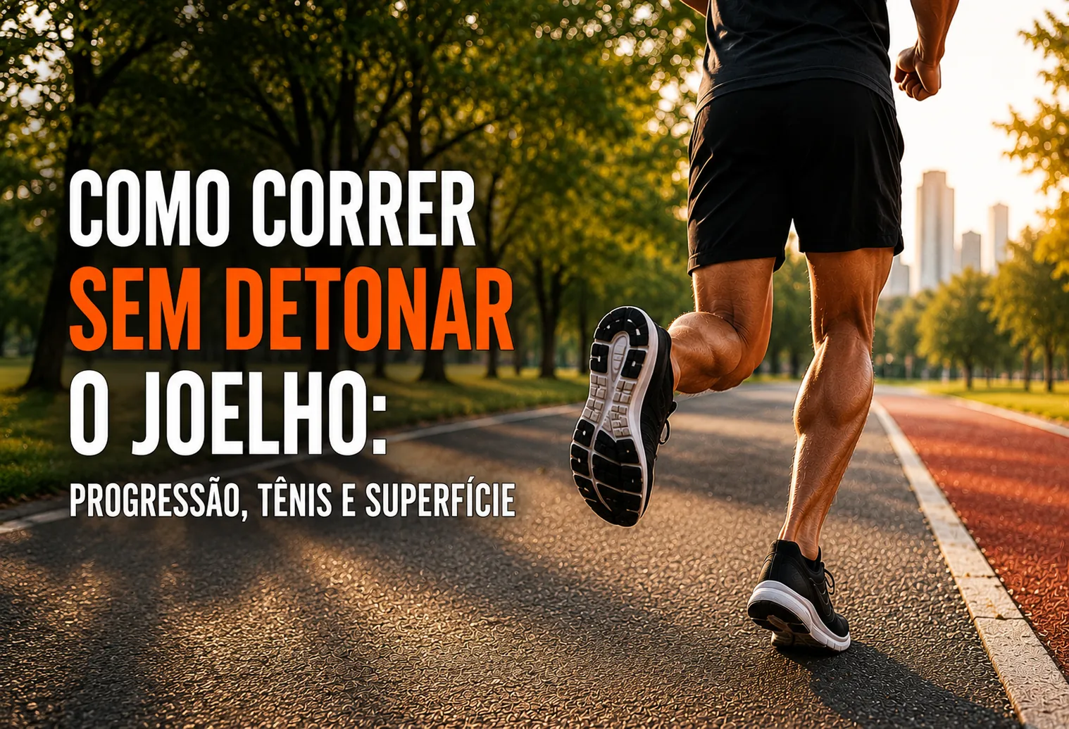 Corredor iniciante amarrando o tênis sentado no meio-fio de um parque, com foco no joelho e na perna antes do treino
