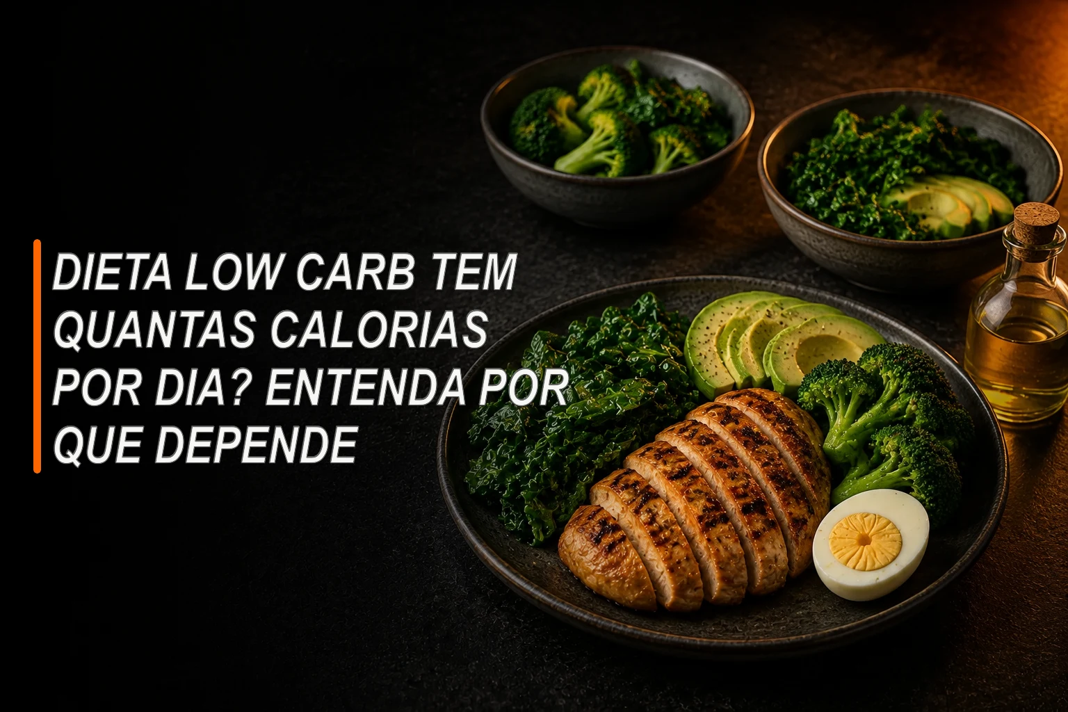 Prato com frango, folhas, brócolis, abacate e ovo em mesa escura
