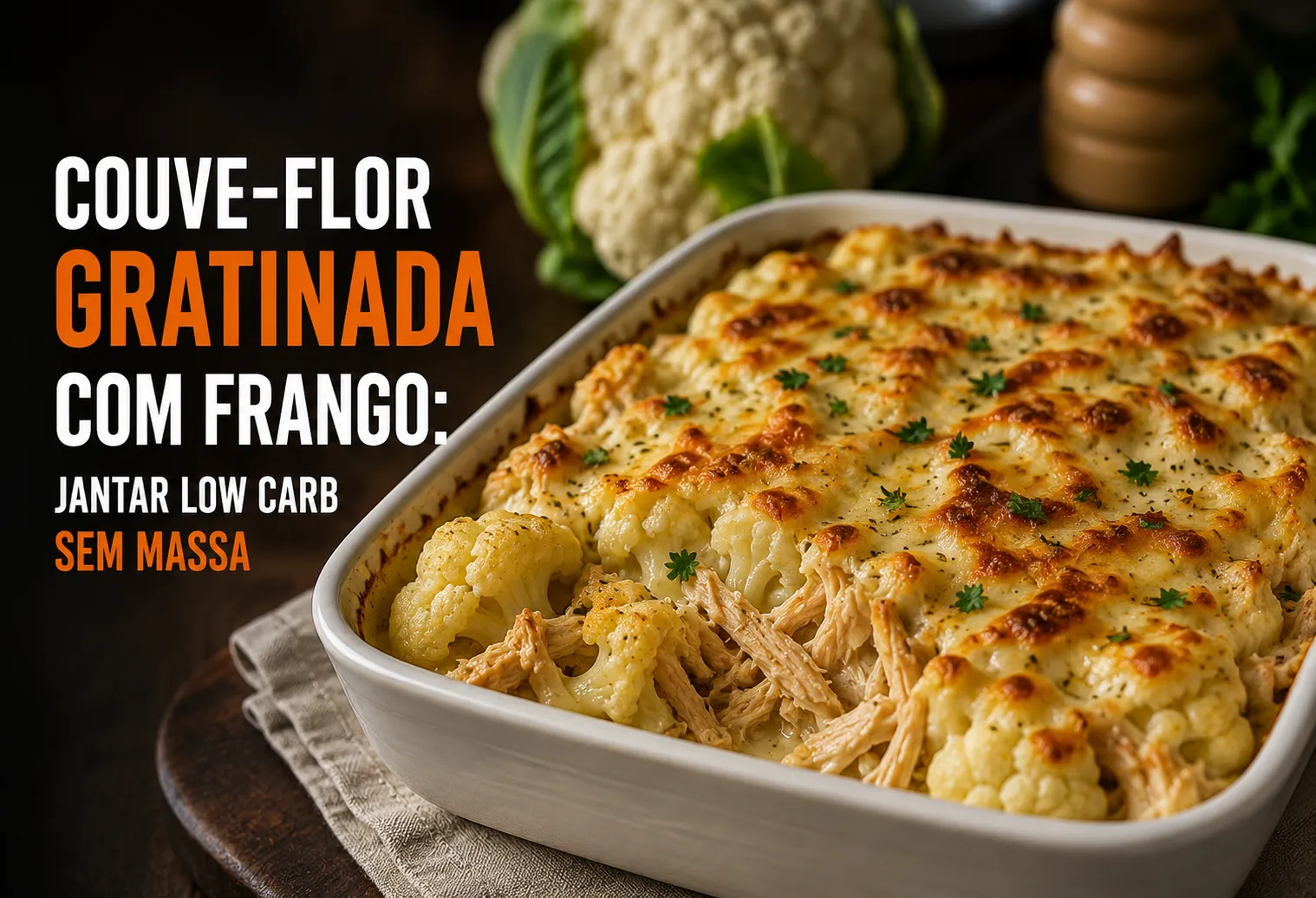 Travessa com couve-flor, frango desfiado e queijo gratinado sob luz quente