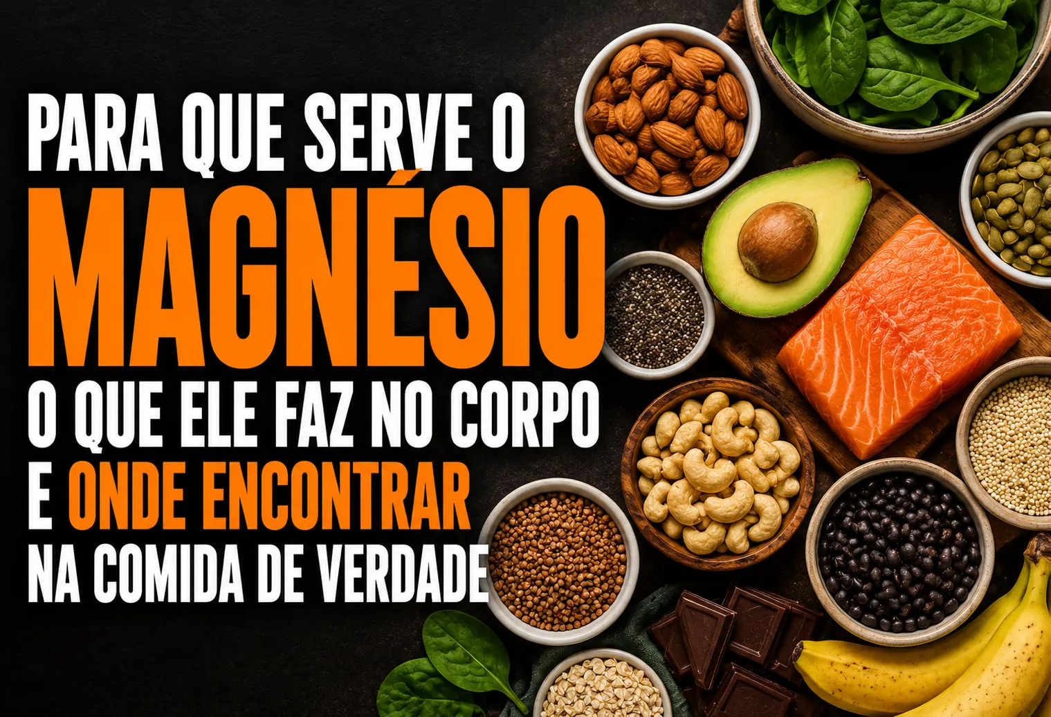 Prato com arroz, feijão preto, folhas verdes e castanhas sobre mesa de madeira