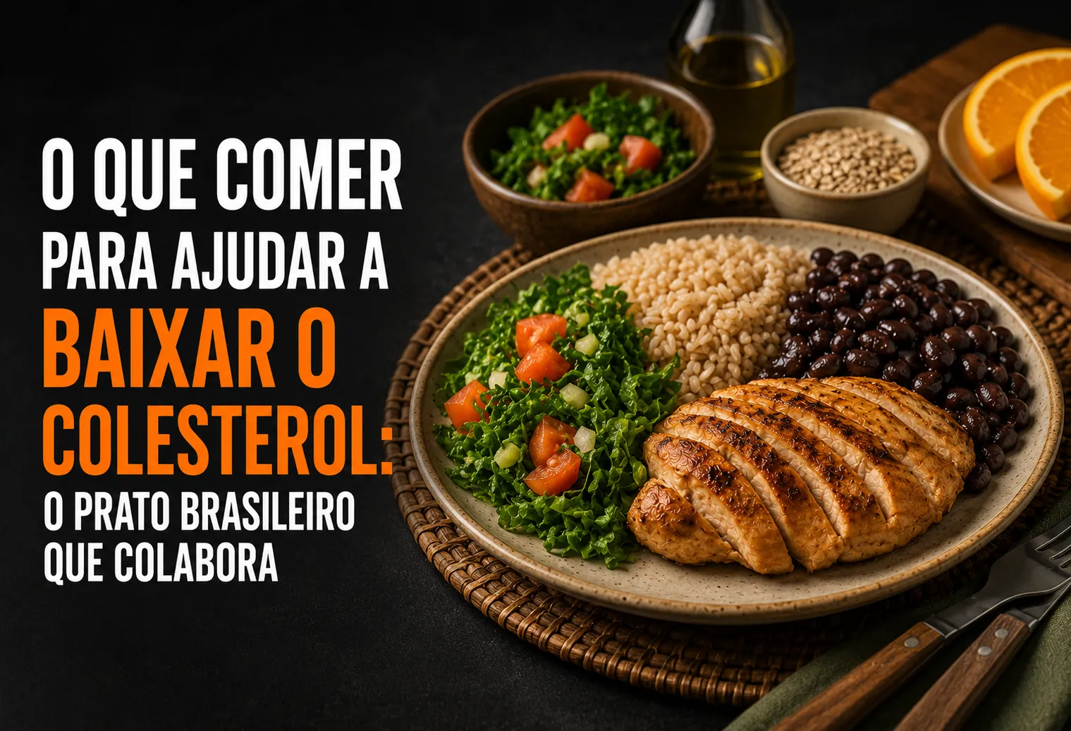 Tigela de aveia em flocos com banana e castanhas ao lado de um prato de arroz com feijão