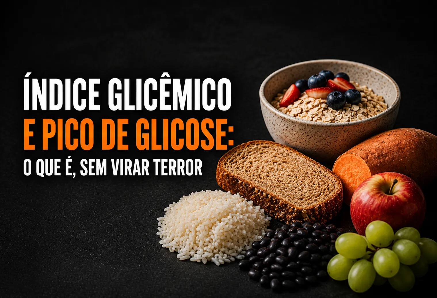 Prato com arroz integral, feijão e legumes ao lado de um pão branco, comparando carboidratos de digestão lenta e rápida