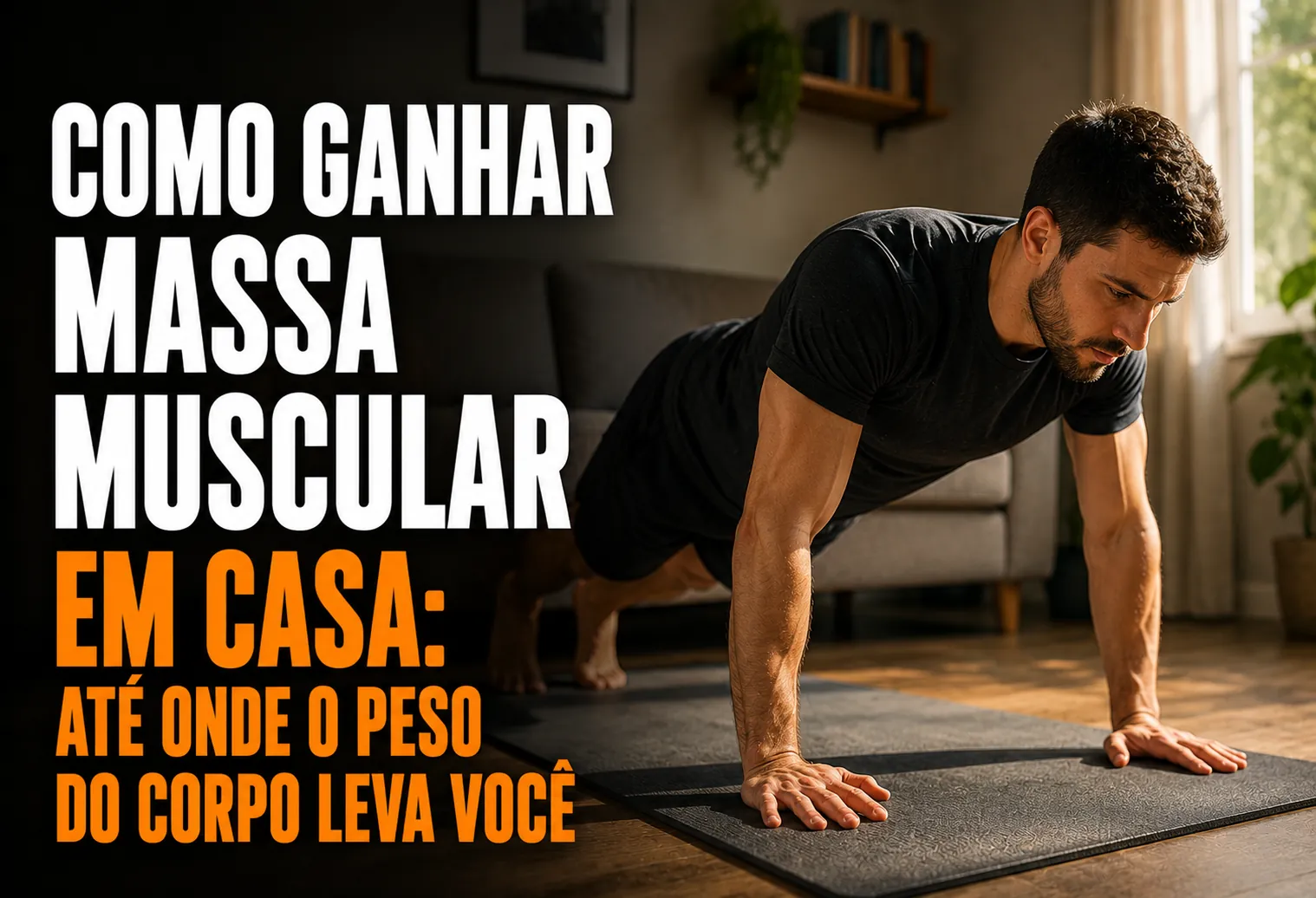 Homem fazendo flexão de braço no chão da sala de casa, com elásticos de treino ao lado