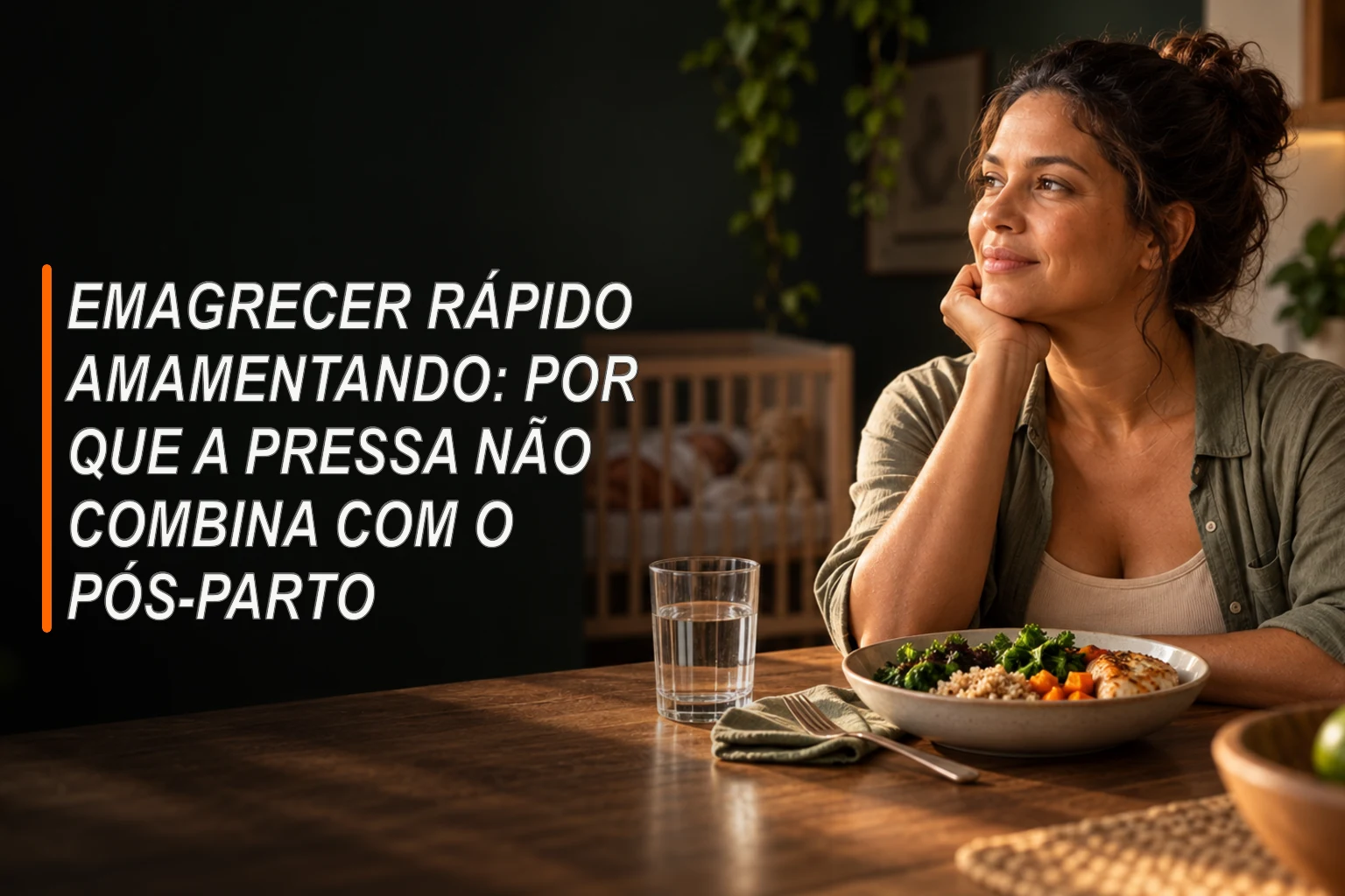 Mulher no pós-parto sentada à mesa com uma refeição, enquanto o bebê dorme em um berço ao fundo