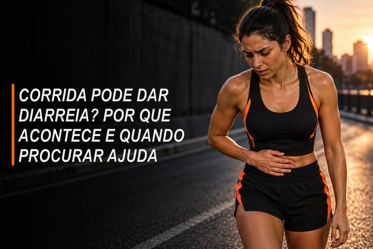 Corredora adulta em uma pista urbana ao amanhecer, com uma mão discretamente sobre o abdômen após reduzir o ritmo