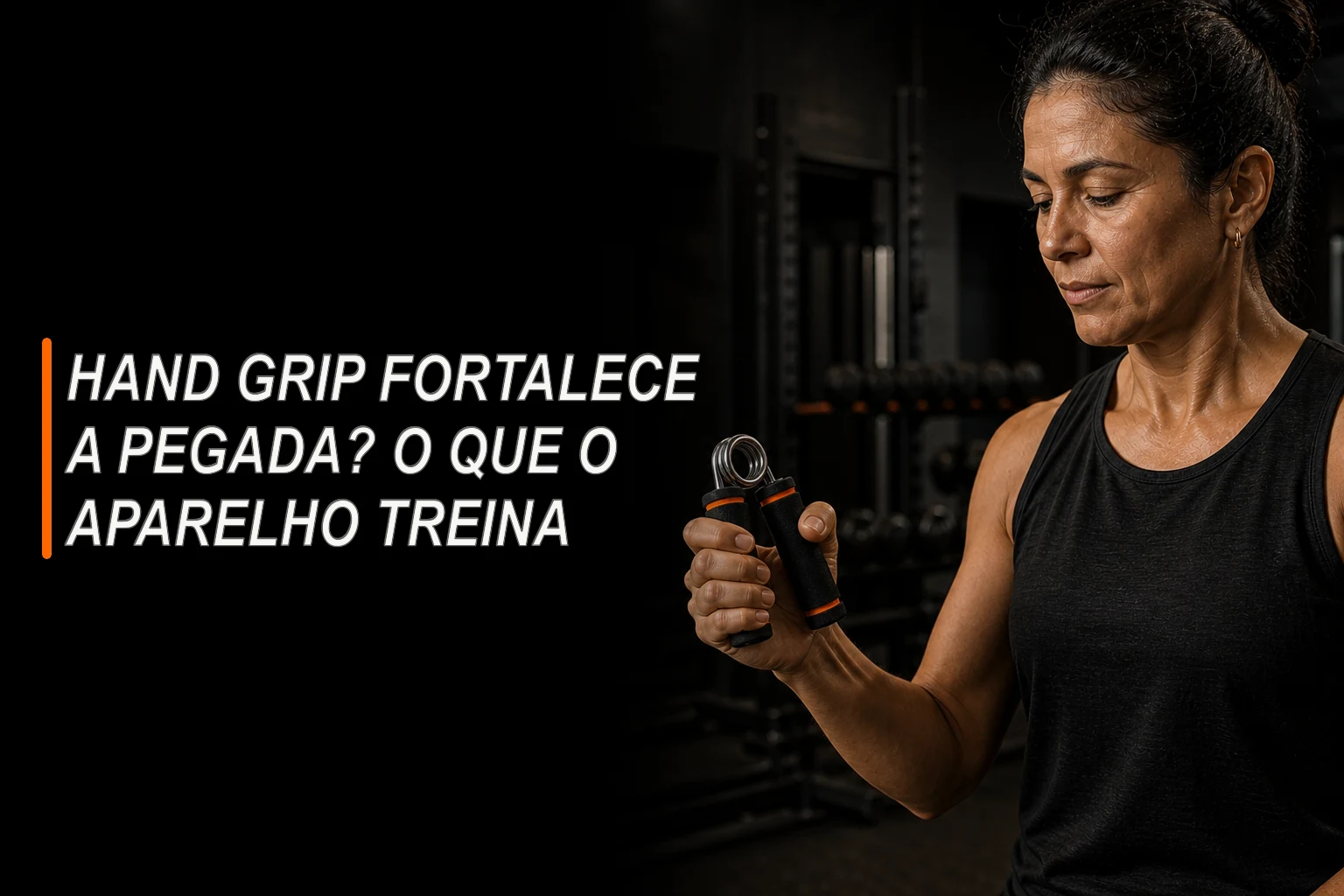 Mulher segurando um exercitador de mão com cabos pretos e mola de metal em uma academia