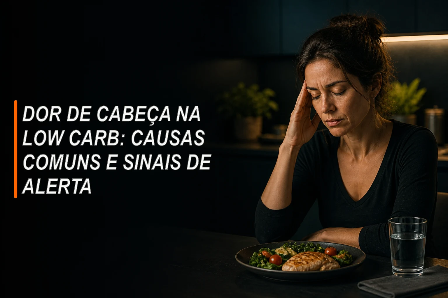 Mulher com a mão na têmpora diante de um prato com vegetais e um copo de água